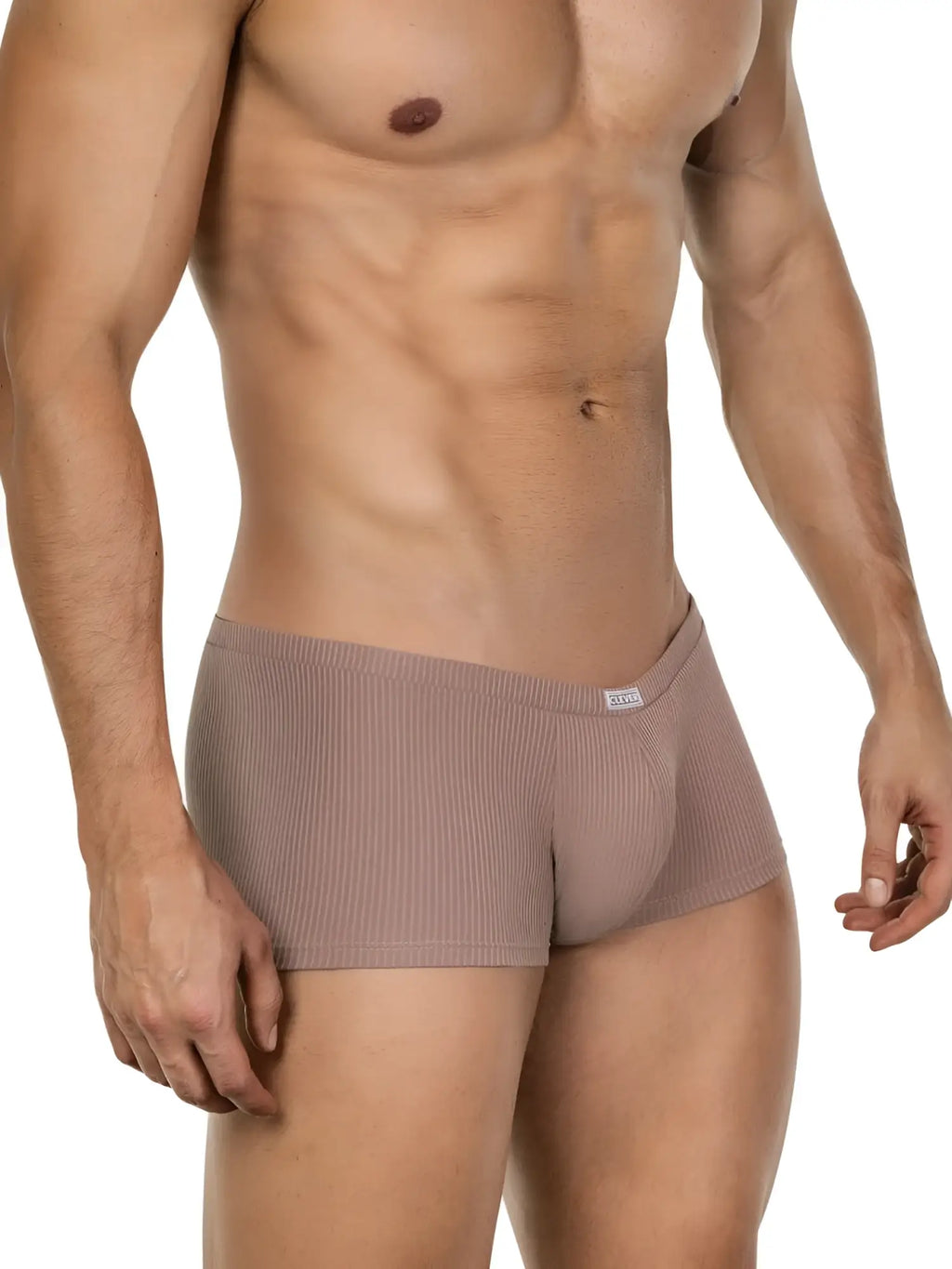 Clever 26015 Apolo trunks in sand: a form-fitting, ribbed knit style worn by a man against a white background.