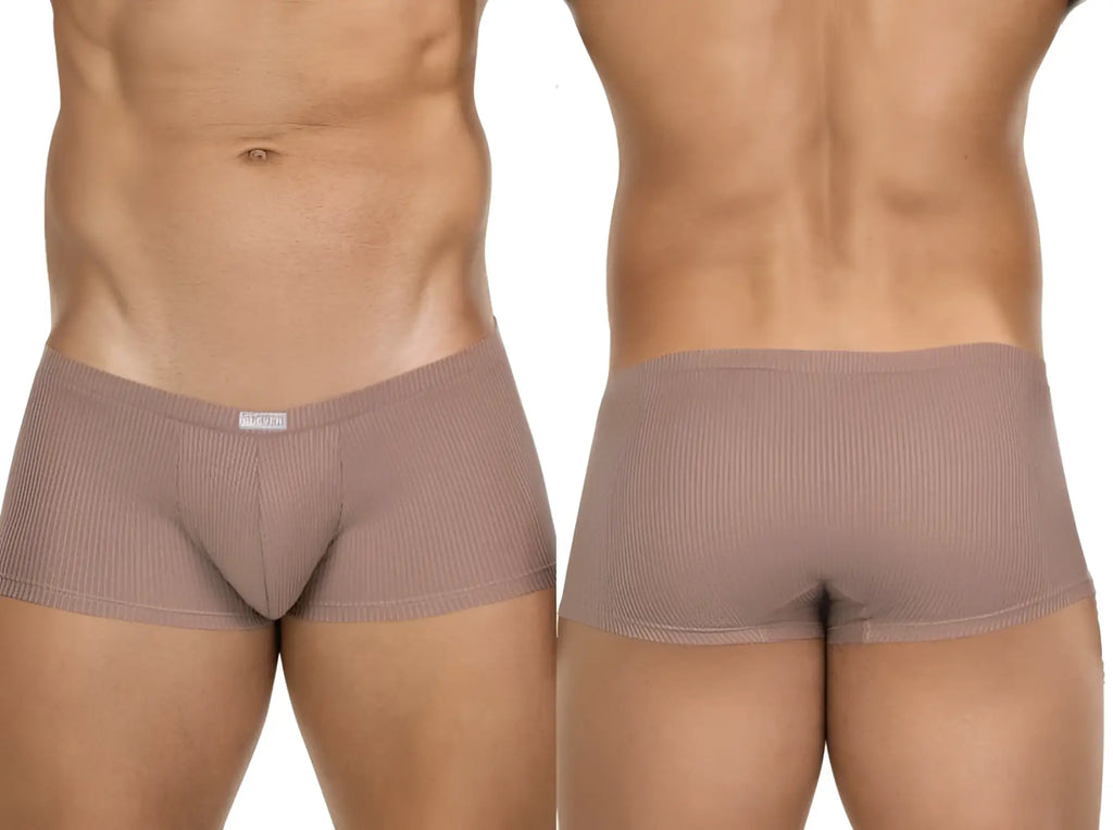 Clever 26015 Apolo trunks in sand: a ribbed, fitted style shown from front and back views on a male model.