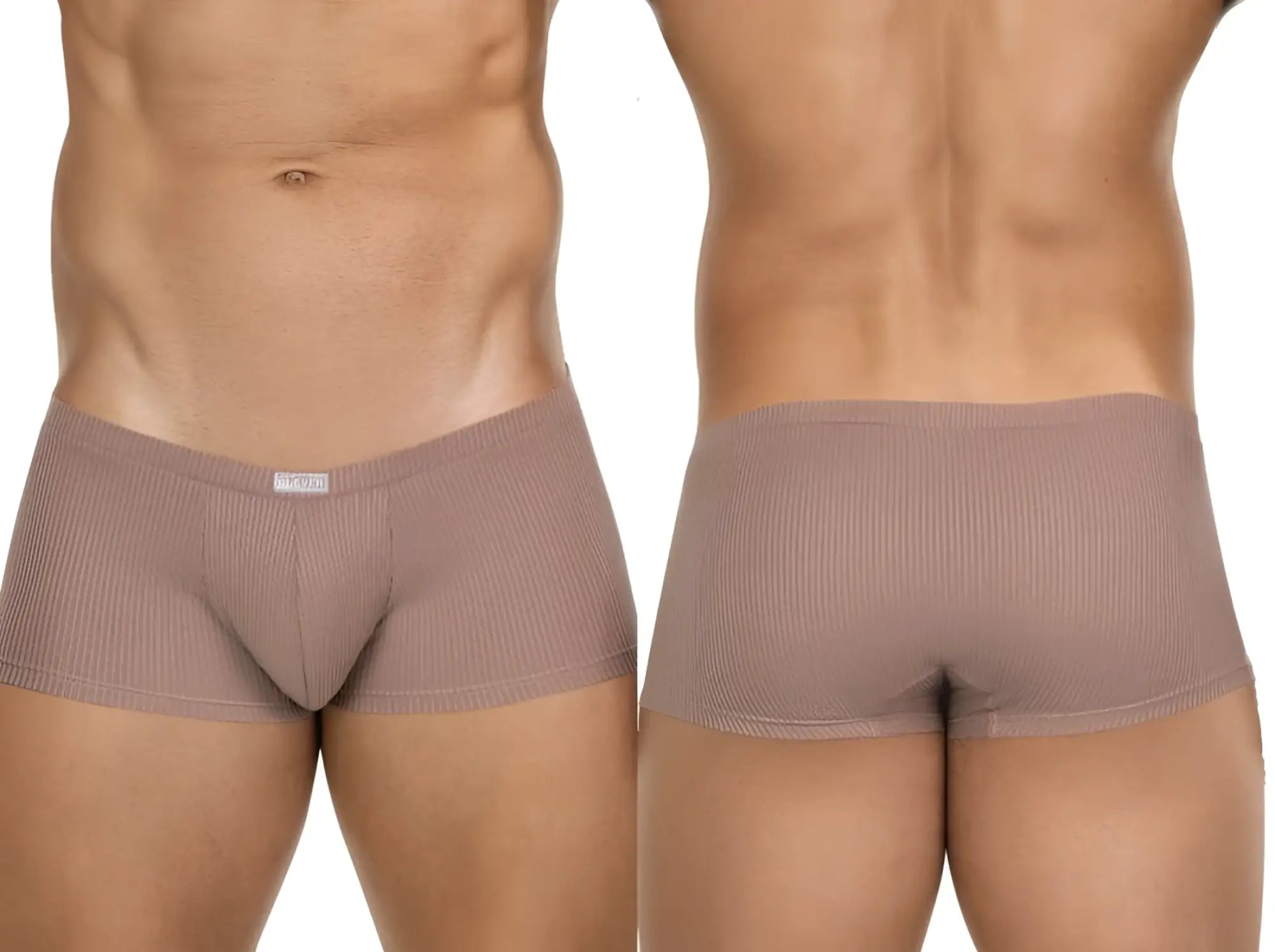 Clever 26015 Apolo trunks in sand: a ribbed, fitted style shown from front and back views on a male model.