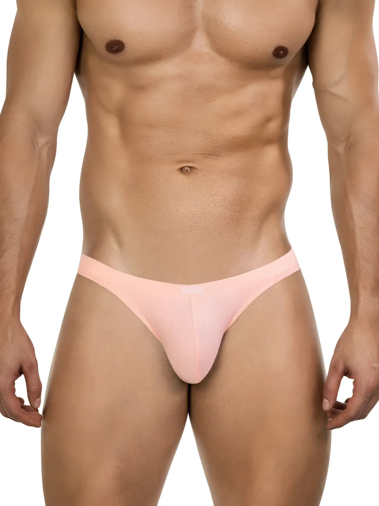 Clever 26017 Apolo Bikini in vibrant orange ribbed fabric, worn by a muscular man. Isolated on white background.