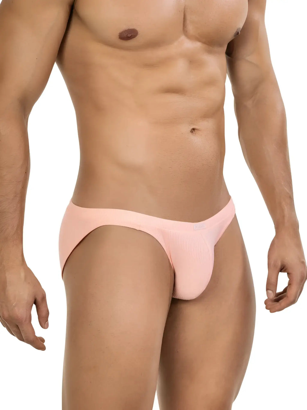 Clever 26017 Apolo Bikini in light orange, featuring a ribbed fabric design on a fit male model.