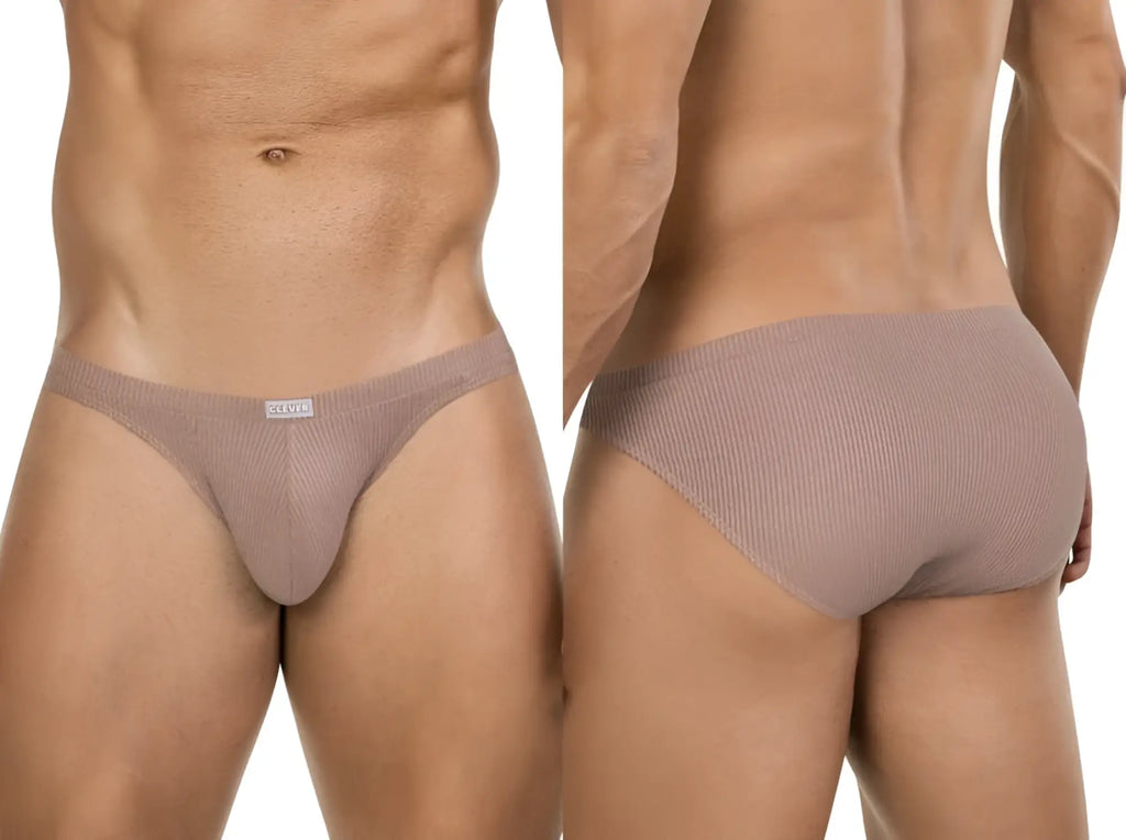 Clever 26018 Apolo bikini in sand: front and back views of a ribbed, low-rise men's brief on a fit male model.