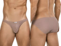 Clever 26018 Apolo bikini in sand: front and back views of a ribbed, low-rise men's brief on a fit male model.