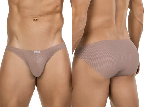 Clever 26018 Apolo bikini in sand: front and back views of a ribbed, low-rise men's brief on a fit male model.