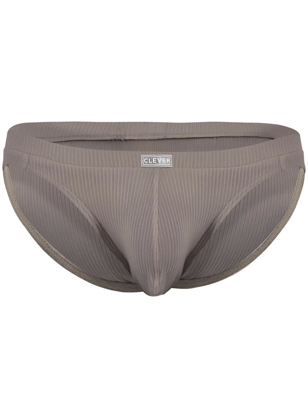 Clever 26018 Apolo bikini brief in sand color, featuring a ribbed fabric design and center front logo patch.