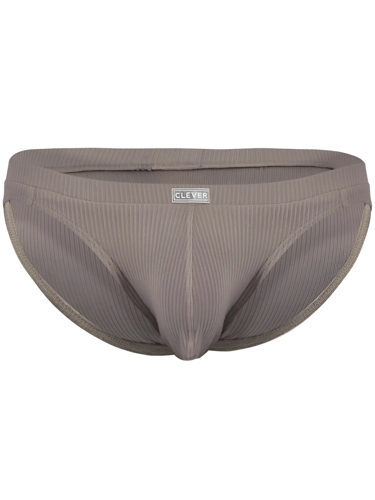 Clever 26018 Apolo bikini brief in sand color, featuring a ribbed fabric design and center front logo patch.