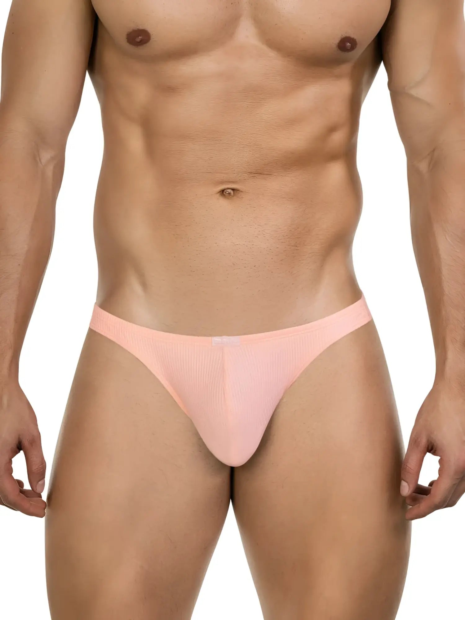 Clever 26020 Apolo thong in light orange, featuring a sleek, ribbed fabric design worn by a muscular man.