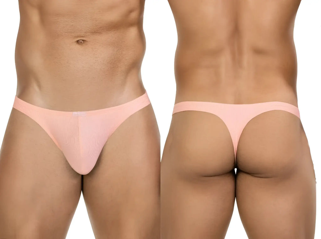 Clever 26020 Apolo thongs in light orange, shown from front and back views on a muscular male torso.