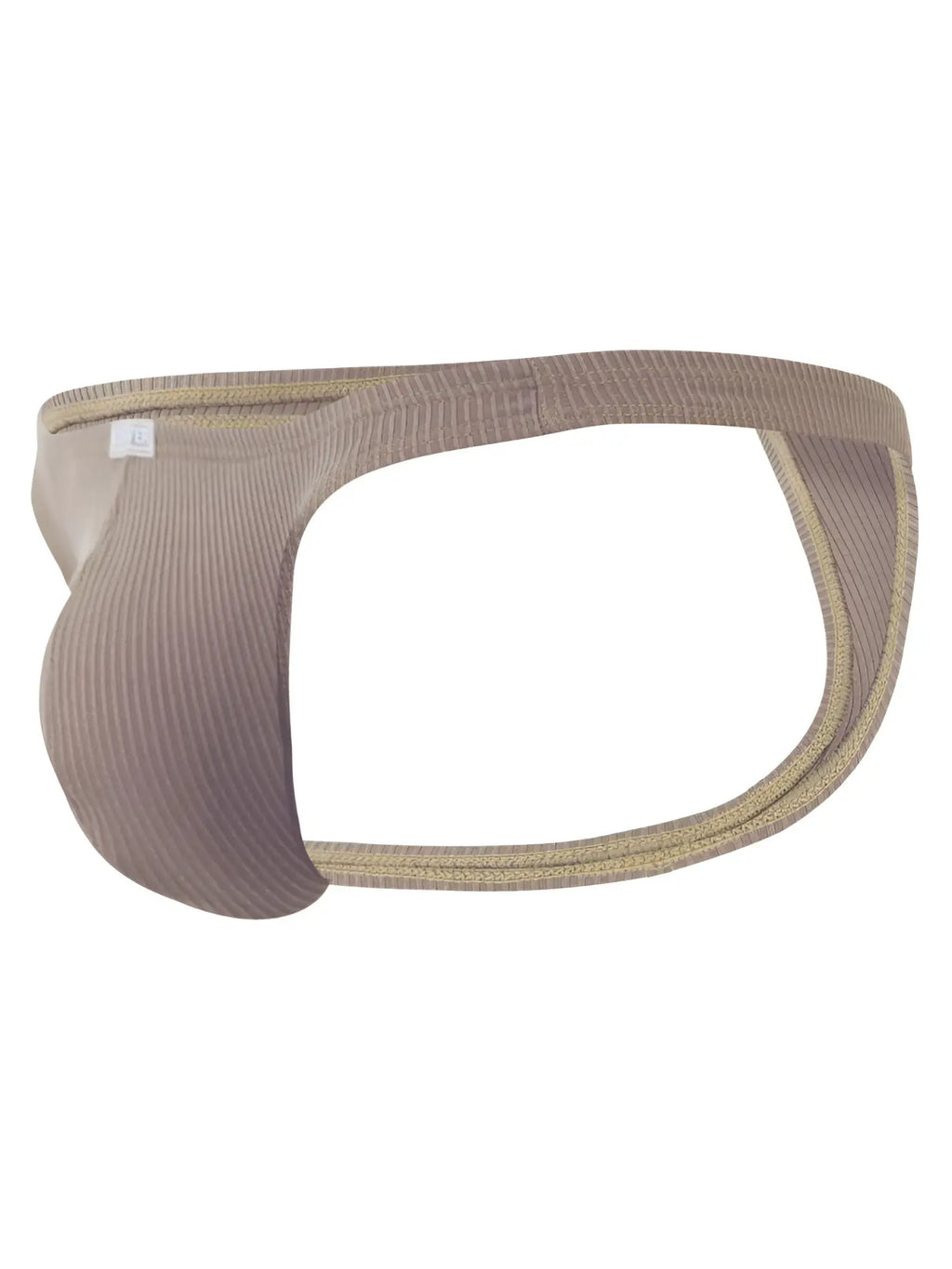 Clever 26021 Apolo thong in sand, featuring a ribbed fabric, minimalist cutout design, and branded waistband tag.
