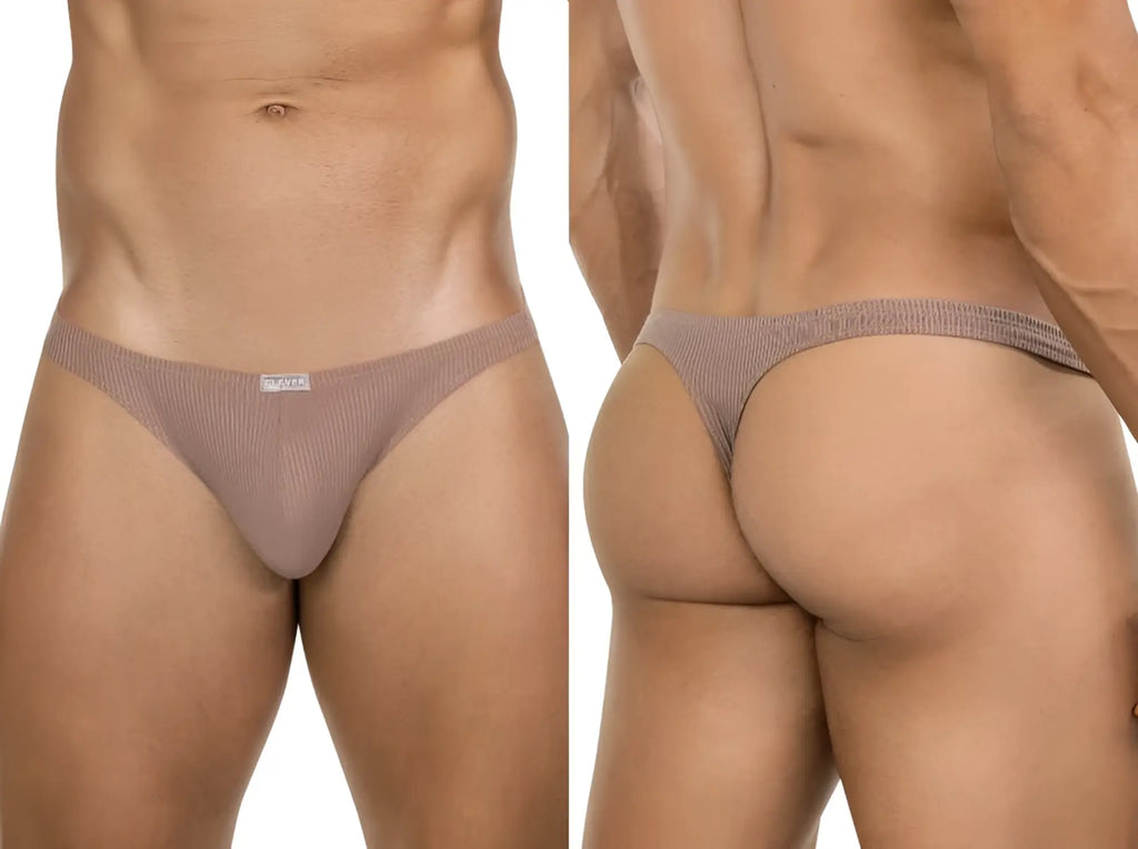 Clever 26021 Apolo thongs in sand, featuring a ribbed minimalist style, shown from the front and back on a model.