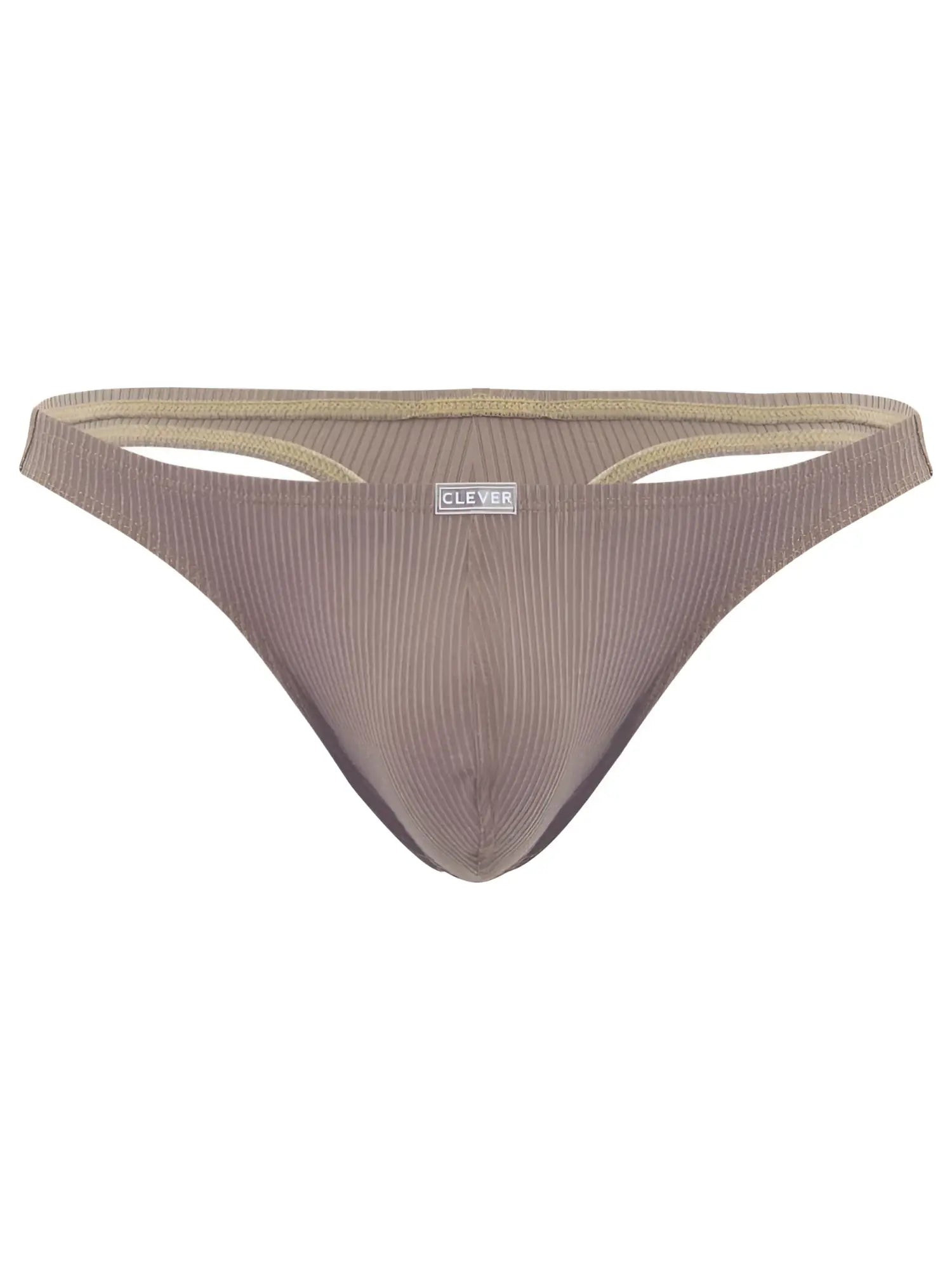 Clever 26021 Apolo thong in sand, featuring a minimalist ribbed fabric design and center logo patch.