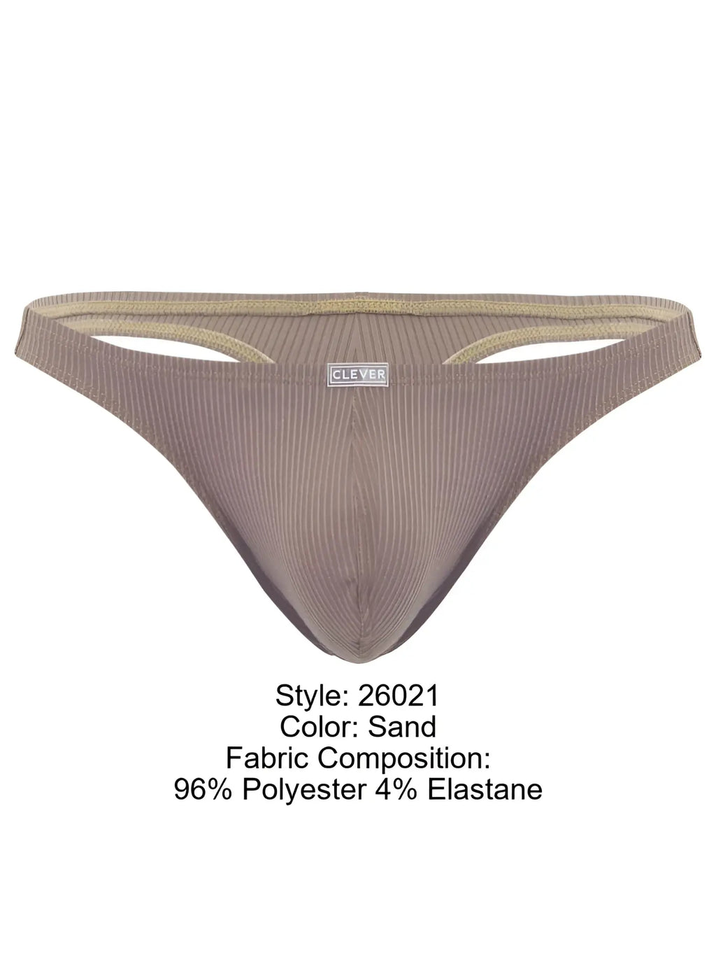 Clever 26021 Apolo thong in sand color, featuring a minimalist ribbed fabric design and a small branded center label.