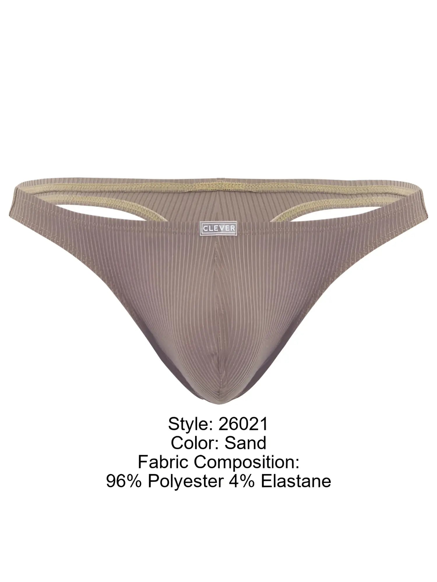 Clever 26021 Apolo thong in sand color, featuring a minimalist ribbed fabric design and a small branded center label.