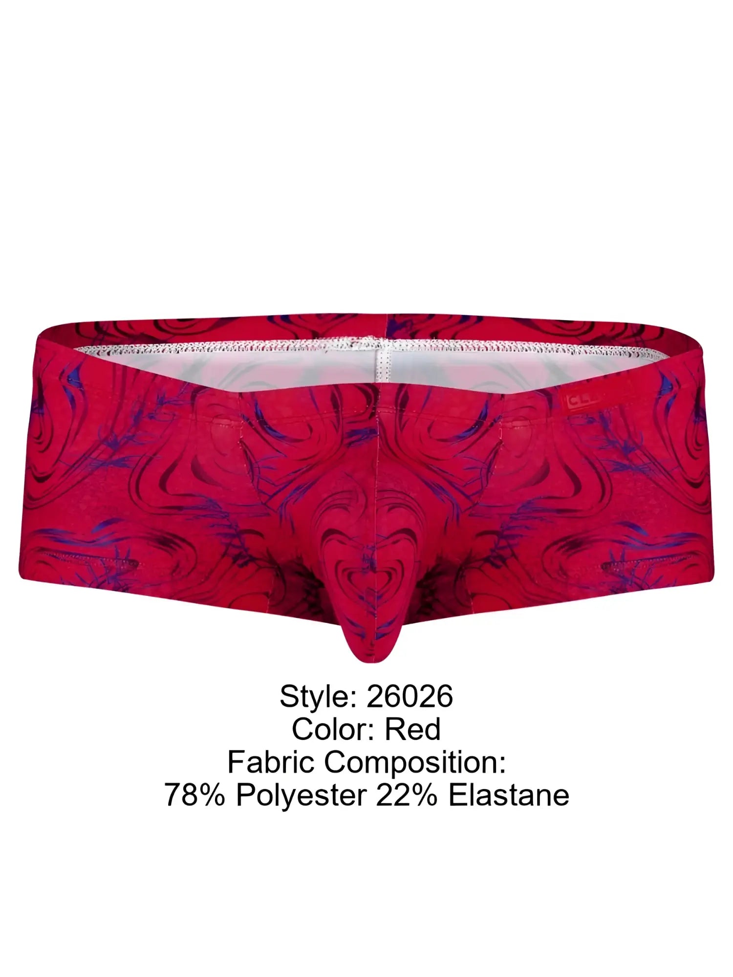Clever 26026 Helion trunks in vibrant red with a modern blue swirling abstract print and a contoured pouch design.