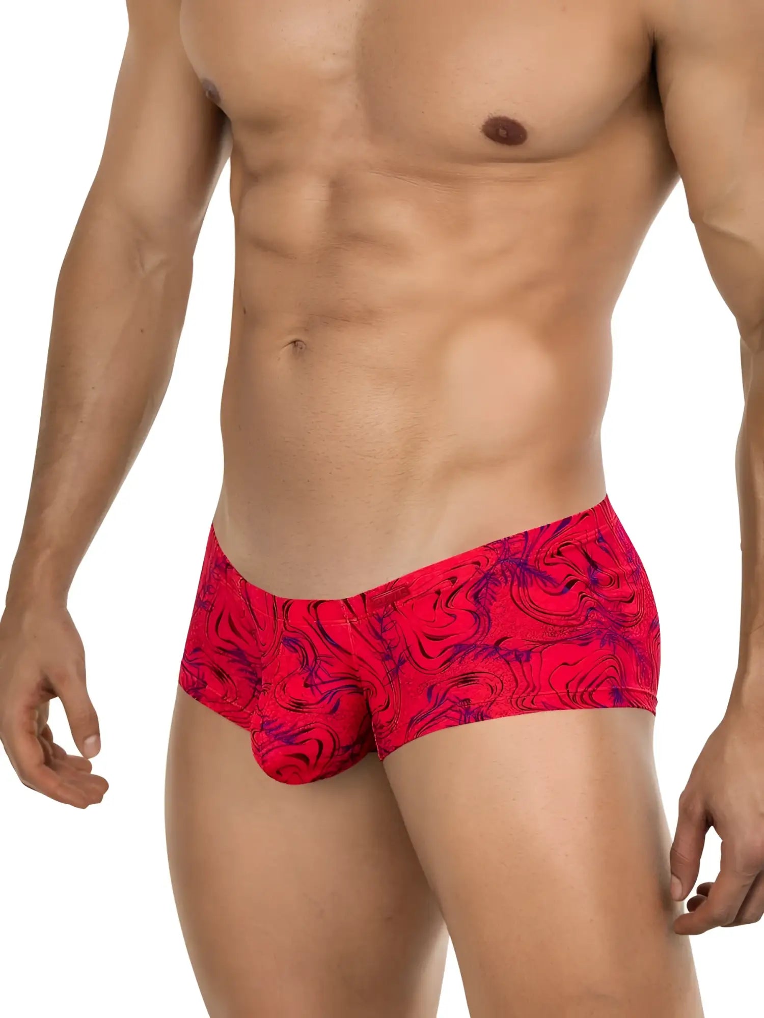 Clever 26026 Helion trunks in bold red with a vibrant purple marbled pattern, worn by a man.