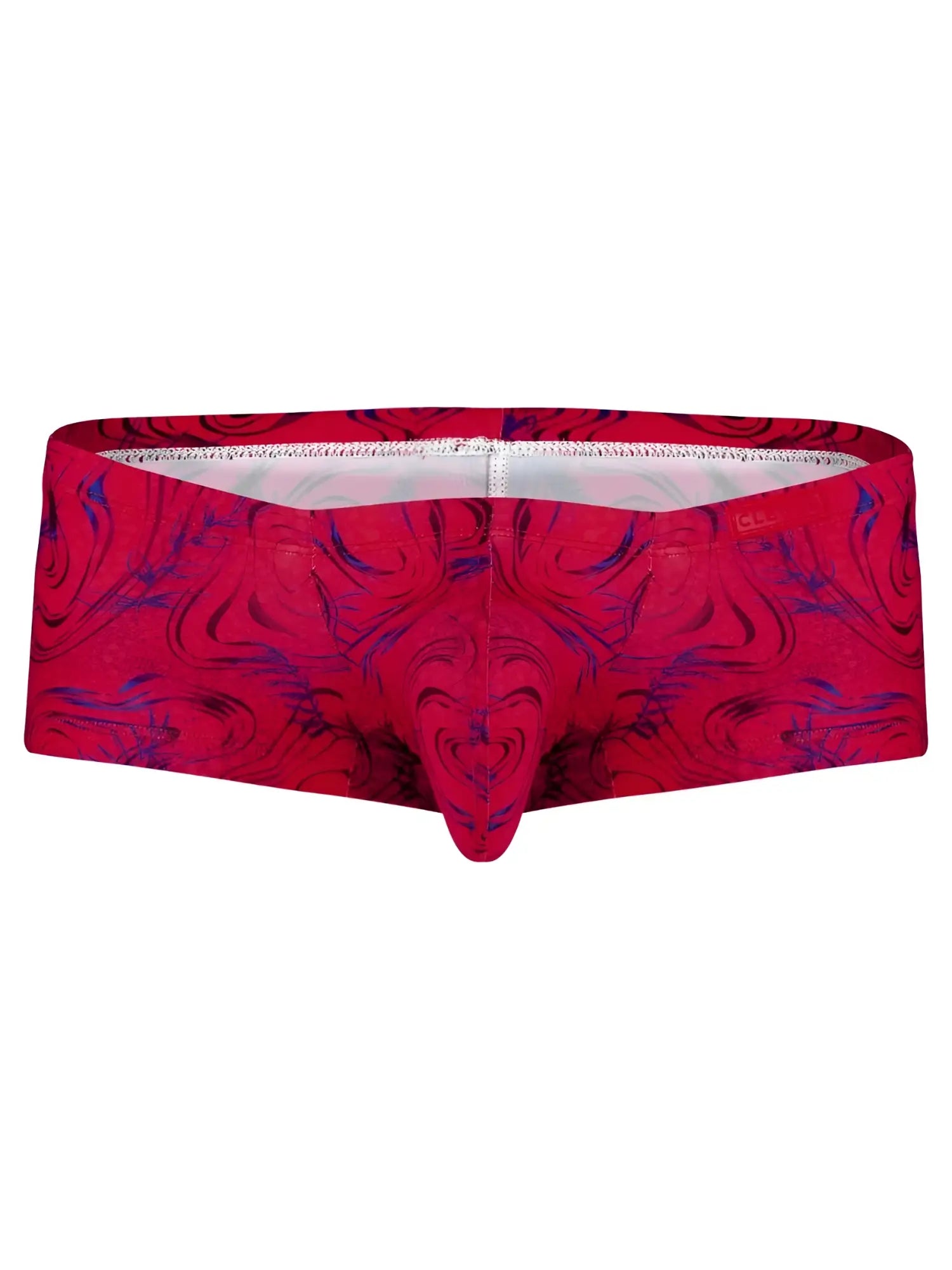 Clever 26026 Helion trunks in bold red with a vibrant blue swirl pattern in a modern, form-fitting style.