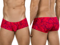 Clever 26026 Helion trunks in vibrant red with a modern, swirling purple abstract pattern, shown from front and back.