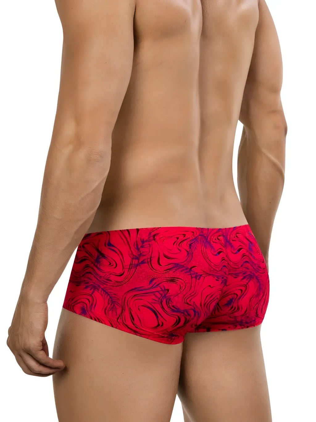 Clever 26026 Helion trunks in bold red with a vibrant, modern purple swirling pattern, shown from the back on a man.