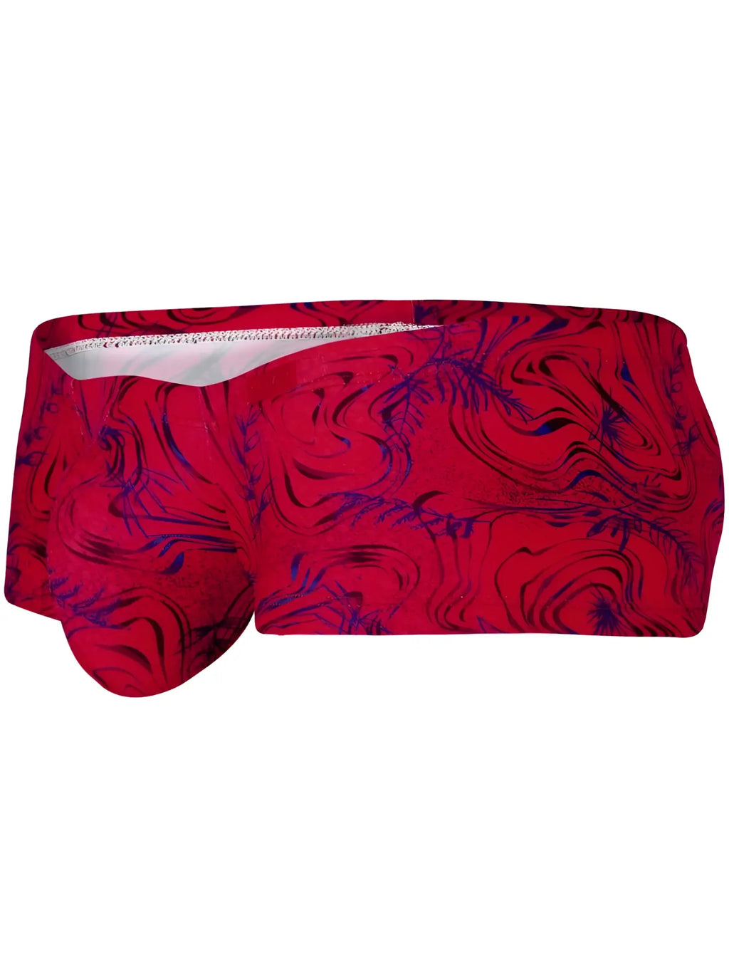 Clever 26026 Helion trunks in bold red with a vibrant blue swirl and leaf pattern in a modern, form-fitting style.