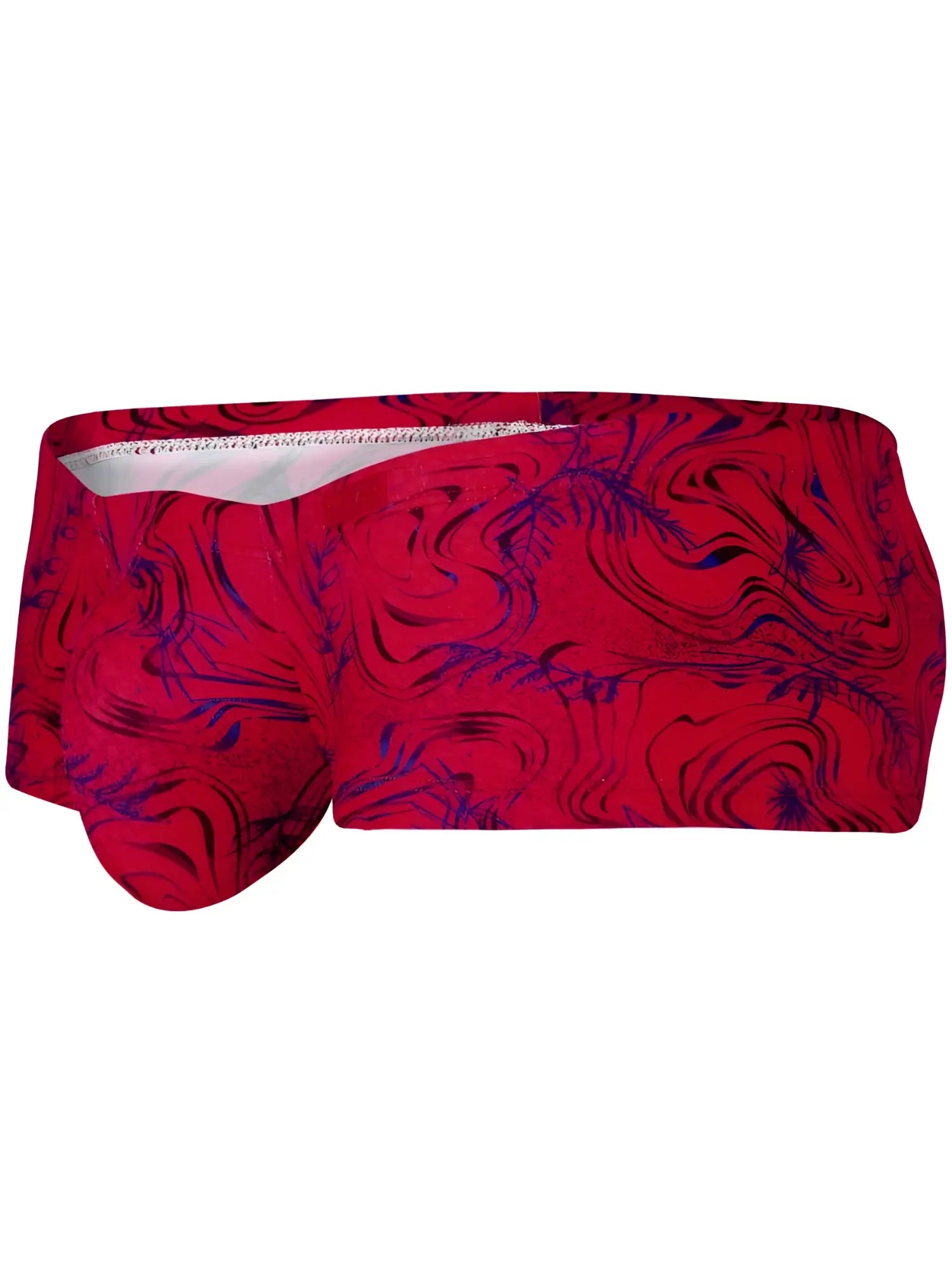 Clever 26026 Helion trunks in bold red with a vibrant blue swirl and leaf pattern in a modern, form-fitting style.