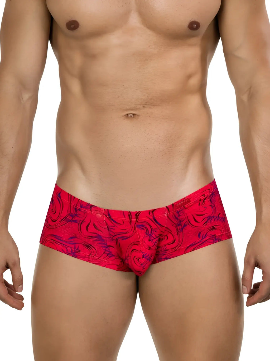Clever 26026 Helion Trunks in vibrant red with a modern dark swirl pattern, shown on a fit male torso.