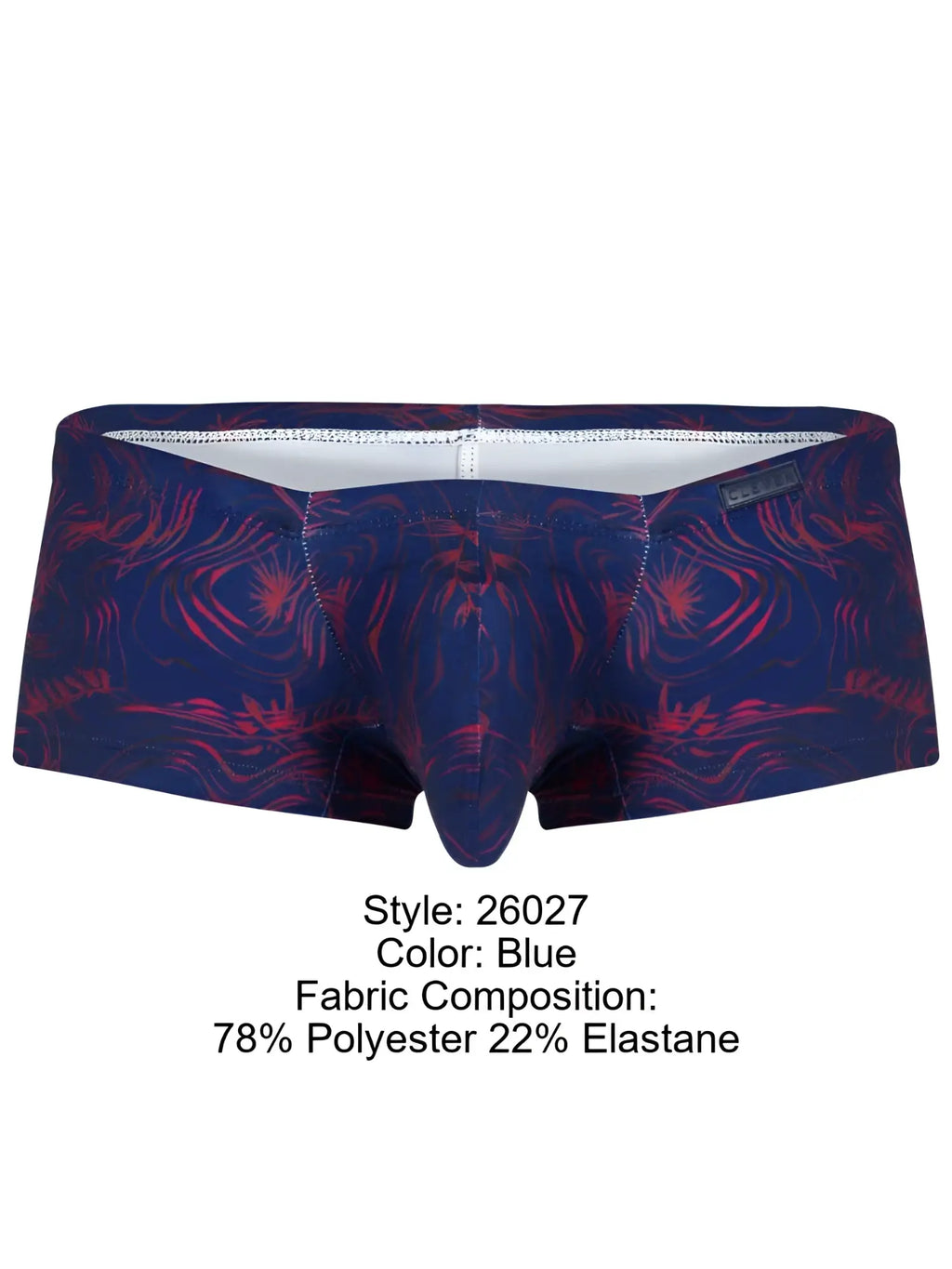Clever 26027 Helion trunks in blue with a red abstract pattern, featuring a contoured pouch and fitted trunk style.