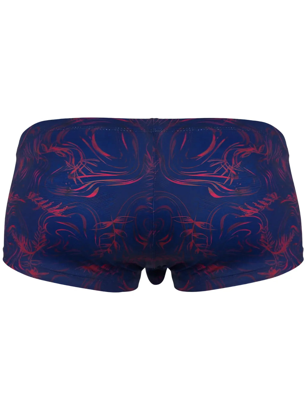 Clever 26027 Helion trunks in blue with a red, abstract swirling leaf pattern, shown from the back.