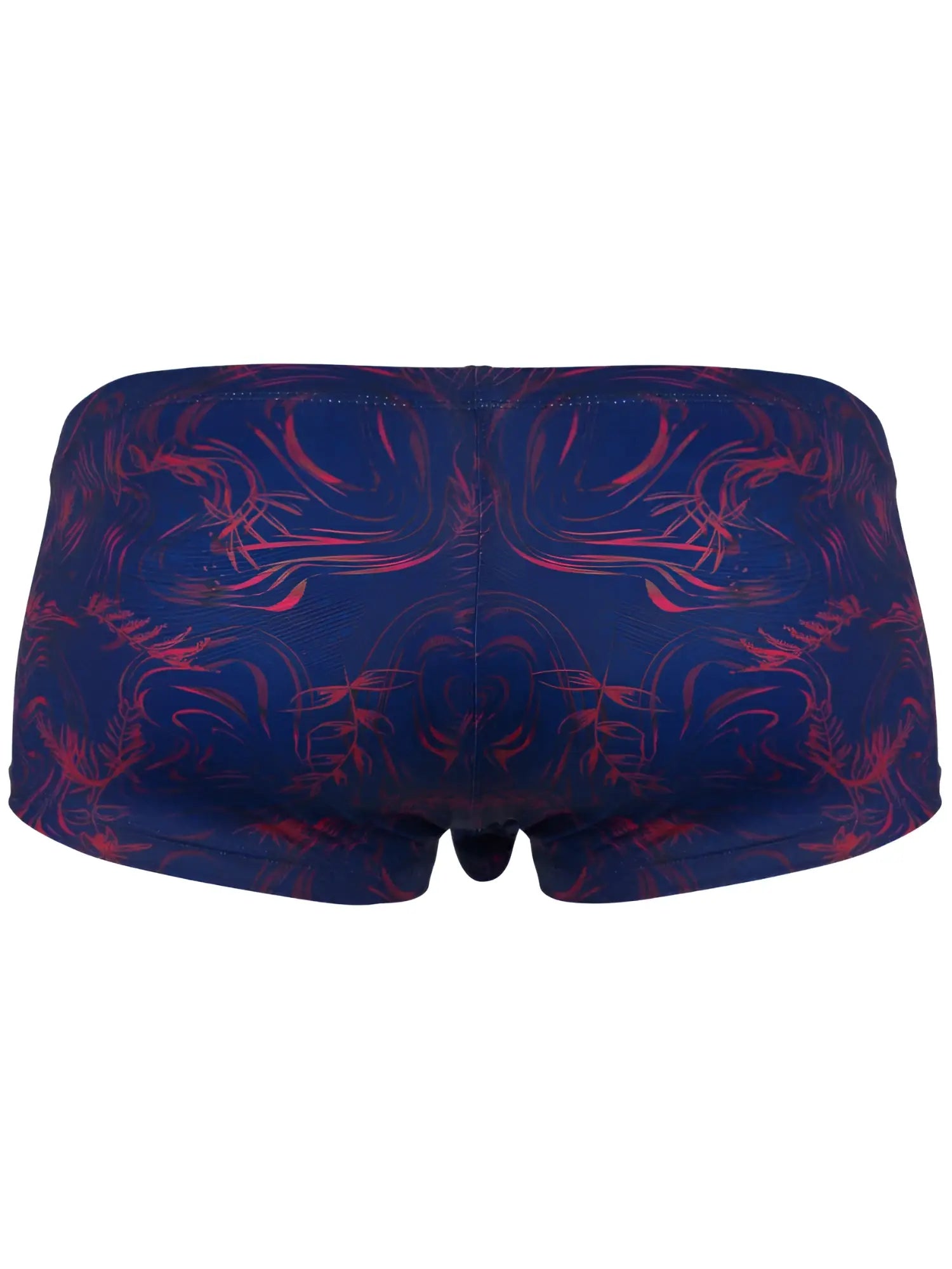 Clever 26027 Helion trunks in blue with a red, abstract swirling leaf pattern, shown from the back.