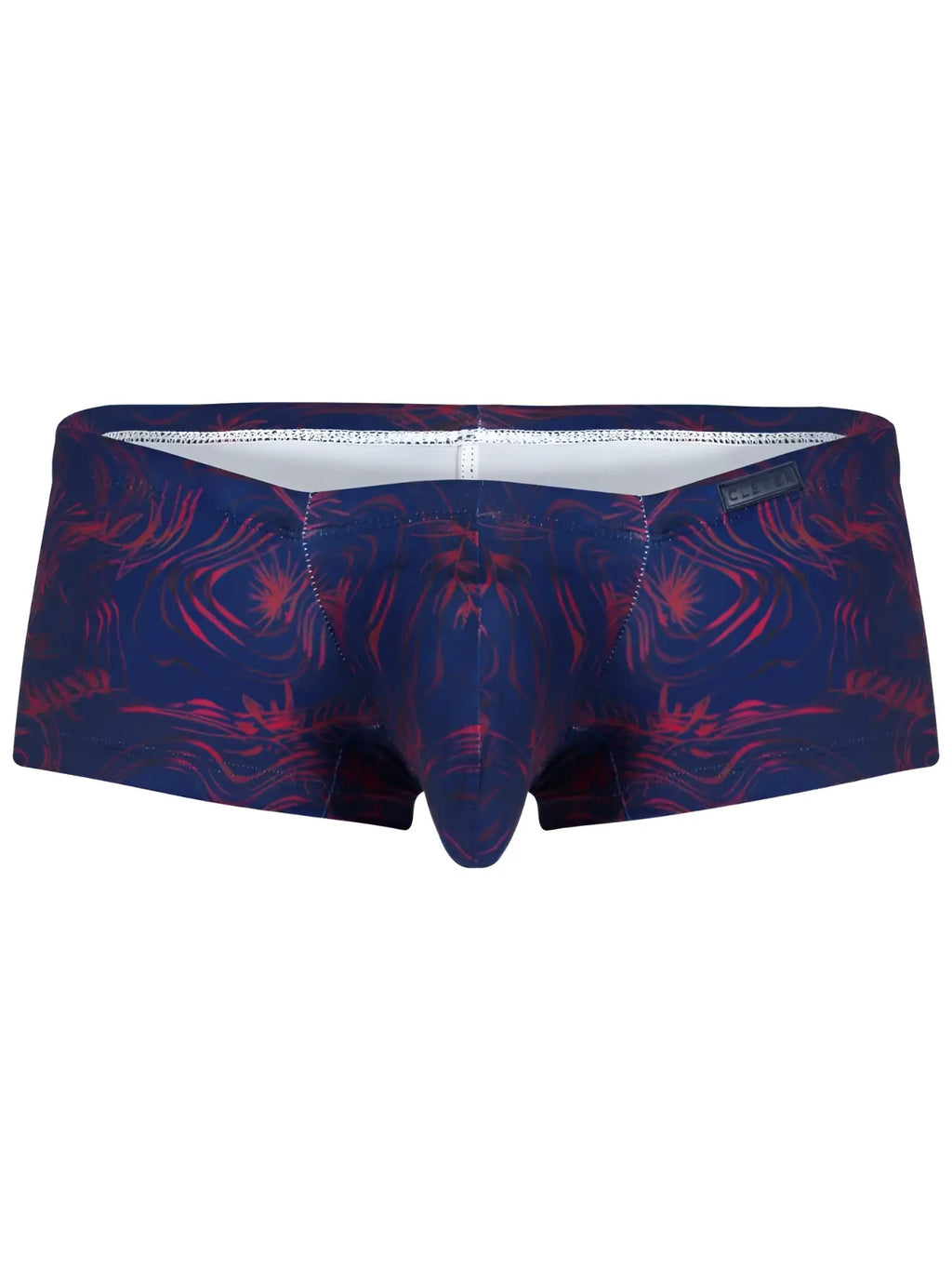 Clever 26027 Helion trunks in blue with a red abstract palm print and a contoured pouch design.