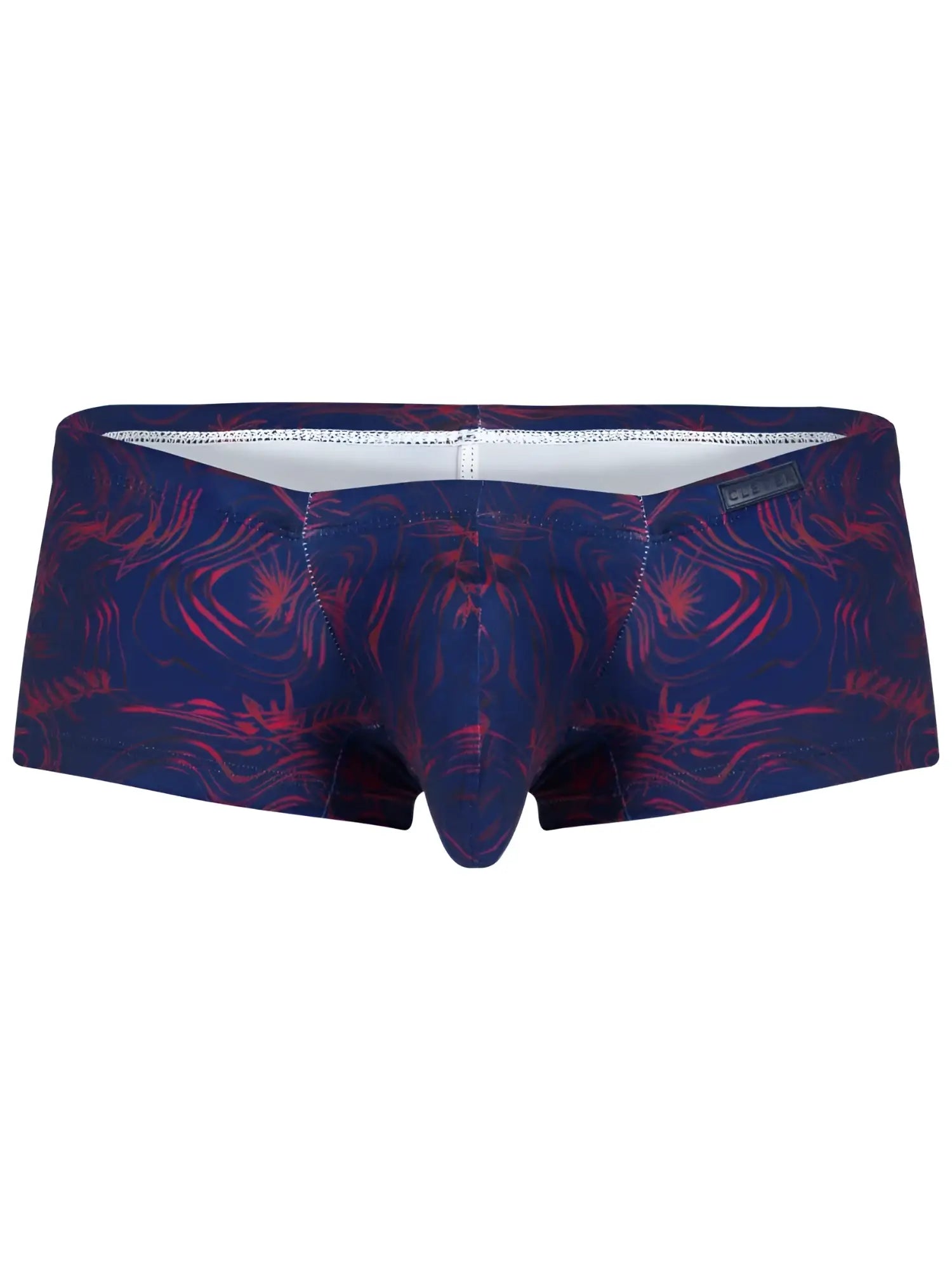 Clever 26027 Helion trunks in blue with a red abstract palm print and a contoured pouch design.