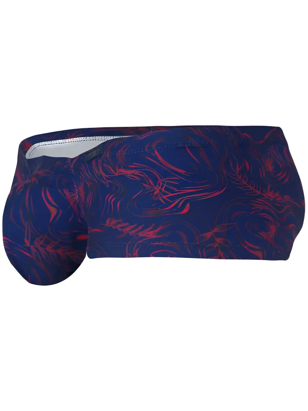 Clever 26027 Helion trunks in blue with a red abstract feather-like print. Side view of the form-fitting style.