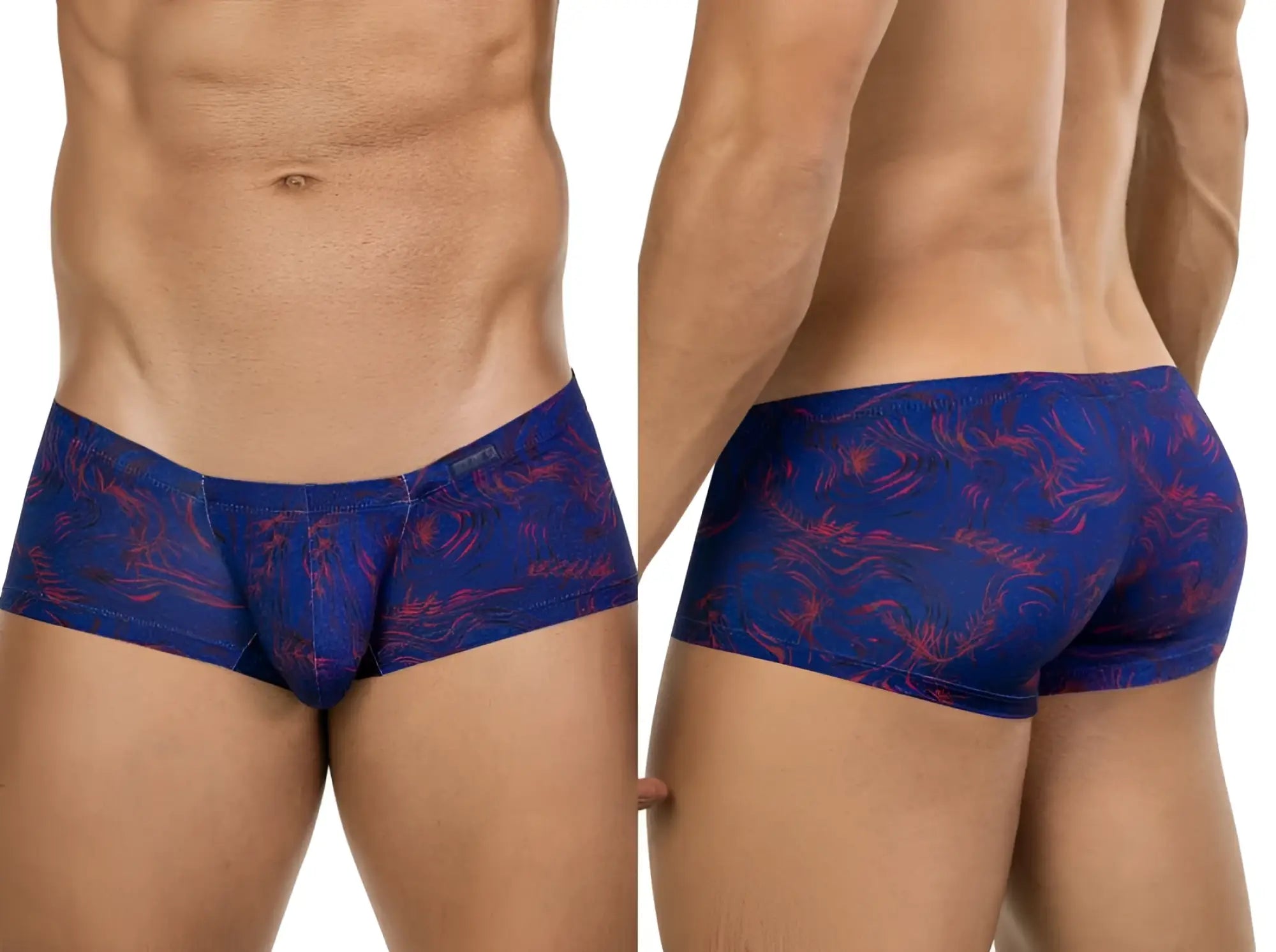 Clever 26027 Helion trunks in blue with a red abstract pattern, shown from the front and back on a male model.