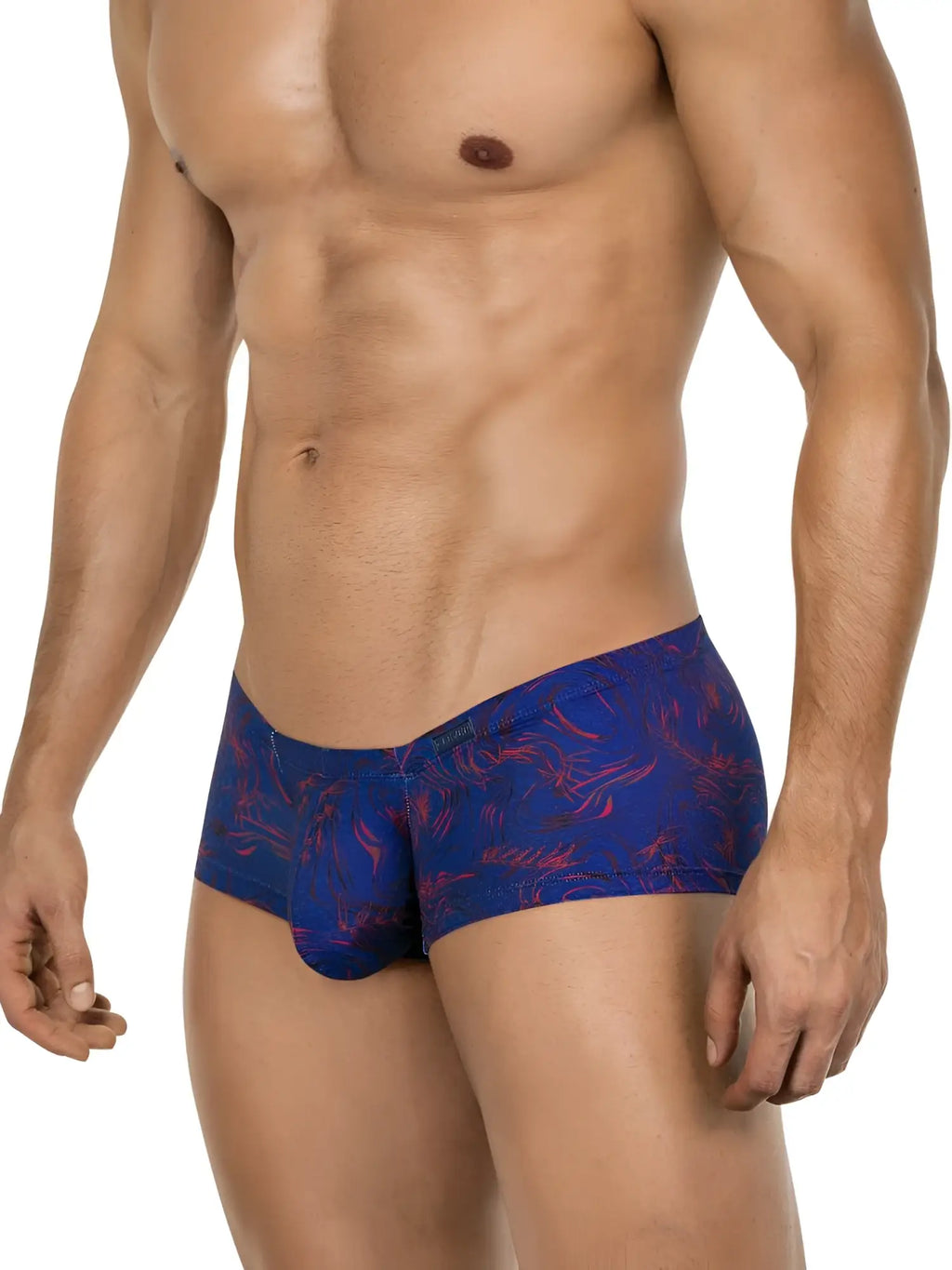 Clever 26027 Helion trunks in blue with a red abstract pattern, worn by a man, featuring a form-fitting, modern style.