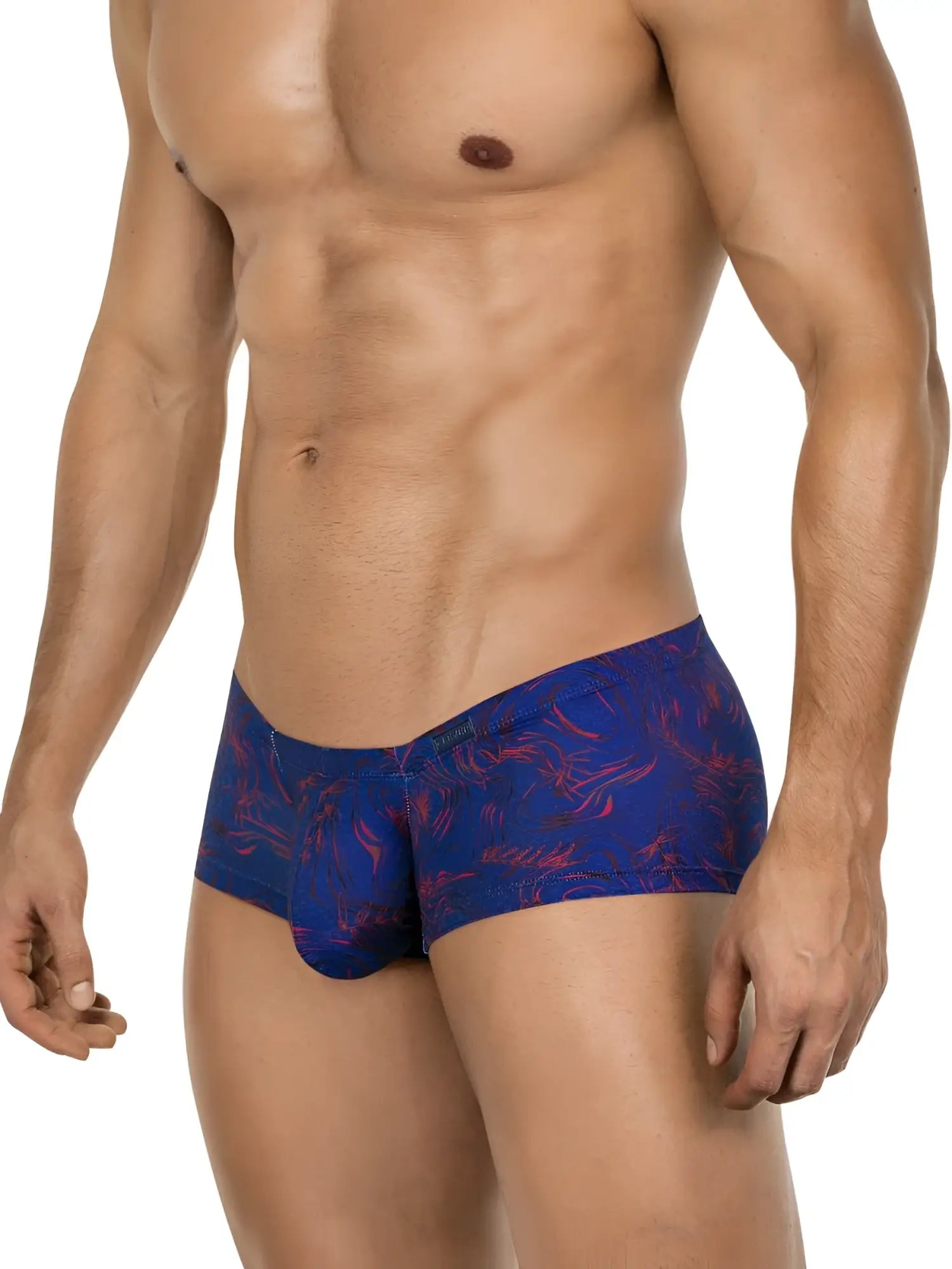 Clever 26027 Helion trunks in blue with a red abstract pattern, worn by a man, featuring a form-fitting, modern style.