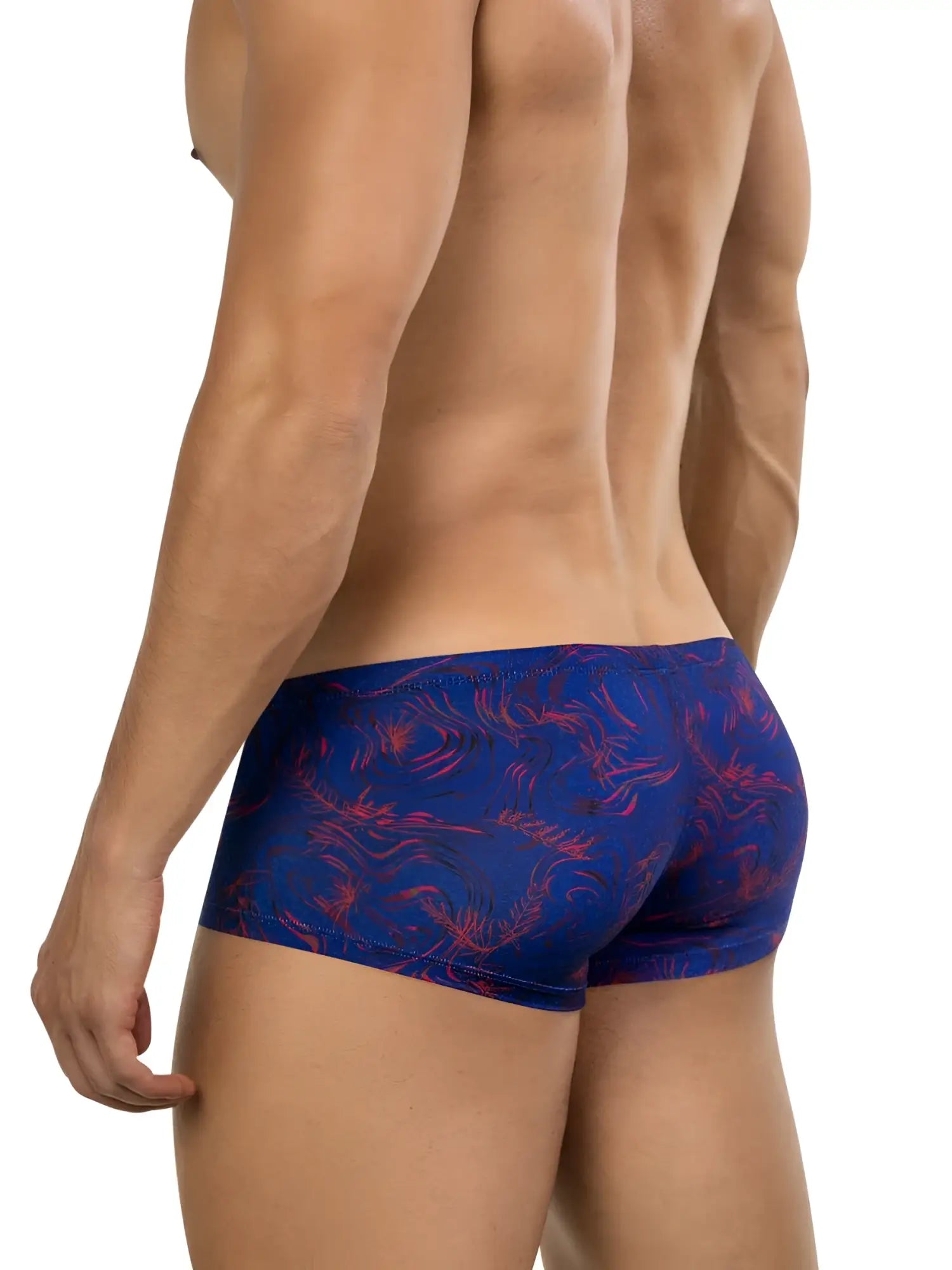 Clever 26027 Helion trunks in blue with a red abstract pattern, worn by a man viewed from the side.
