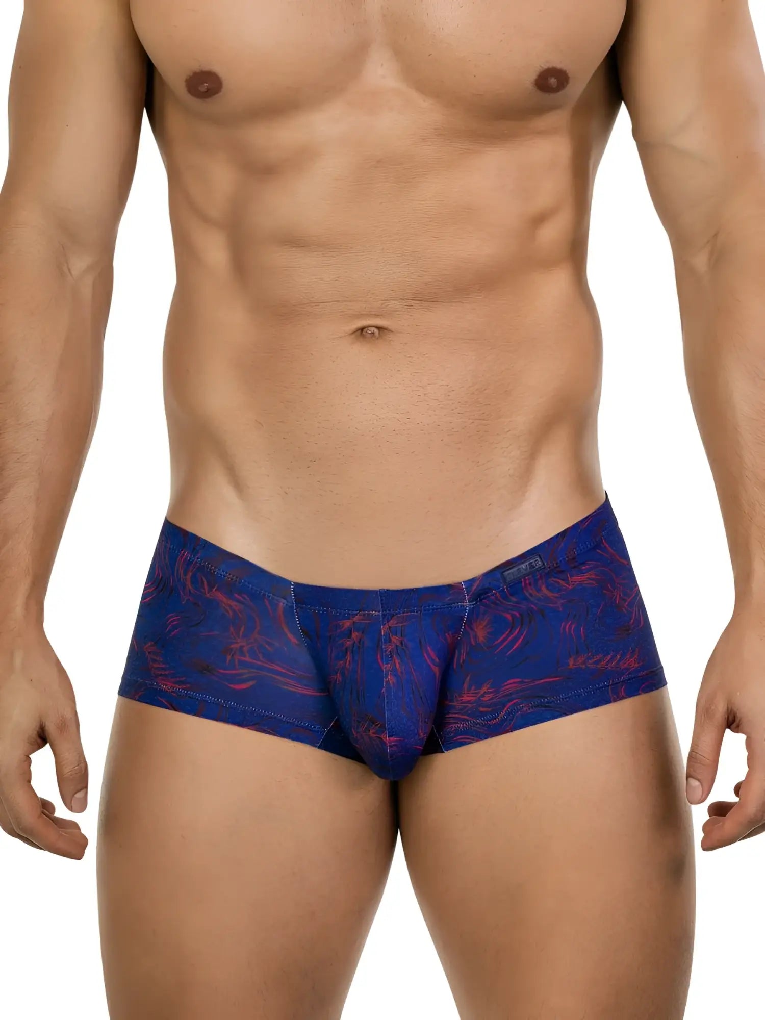 Clever 26027 Helion trunks in blue with a red abstract pattern, featuring a modern, form-fitting design on a male model.