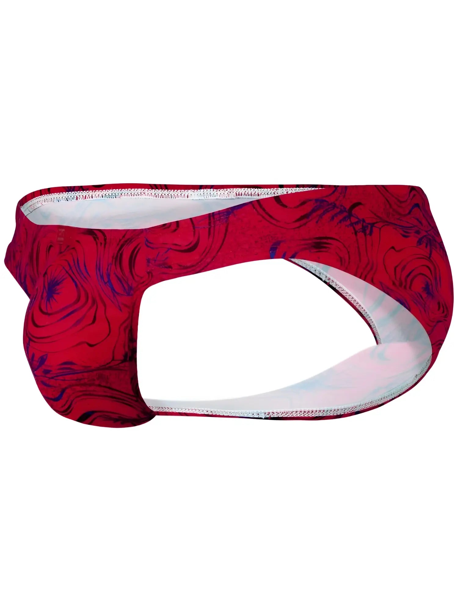Clever 26028 Helion red bikini brief with a bold, modern swirling blue abstract pattern and cutout side design.