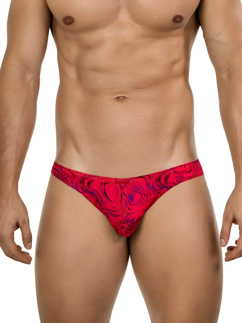Clever 26028 Helion bikini in a vibrant red with a modern blue swirling abstract print worn by a muscular man.