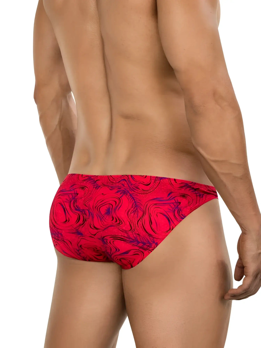 Clever 26028 Helion bikini in vibrant red with a dark abstract swirl pattern, shown from the back on a fit male model.