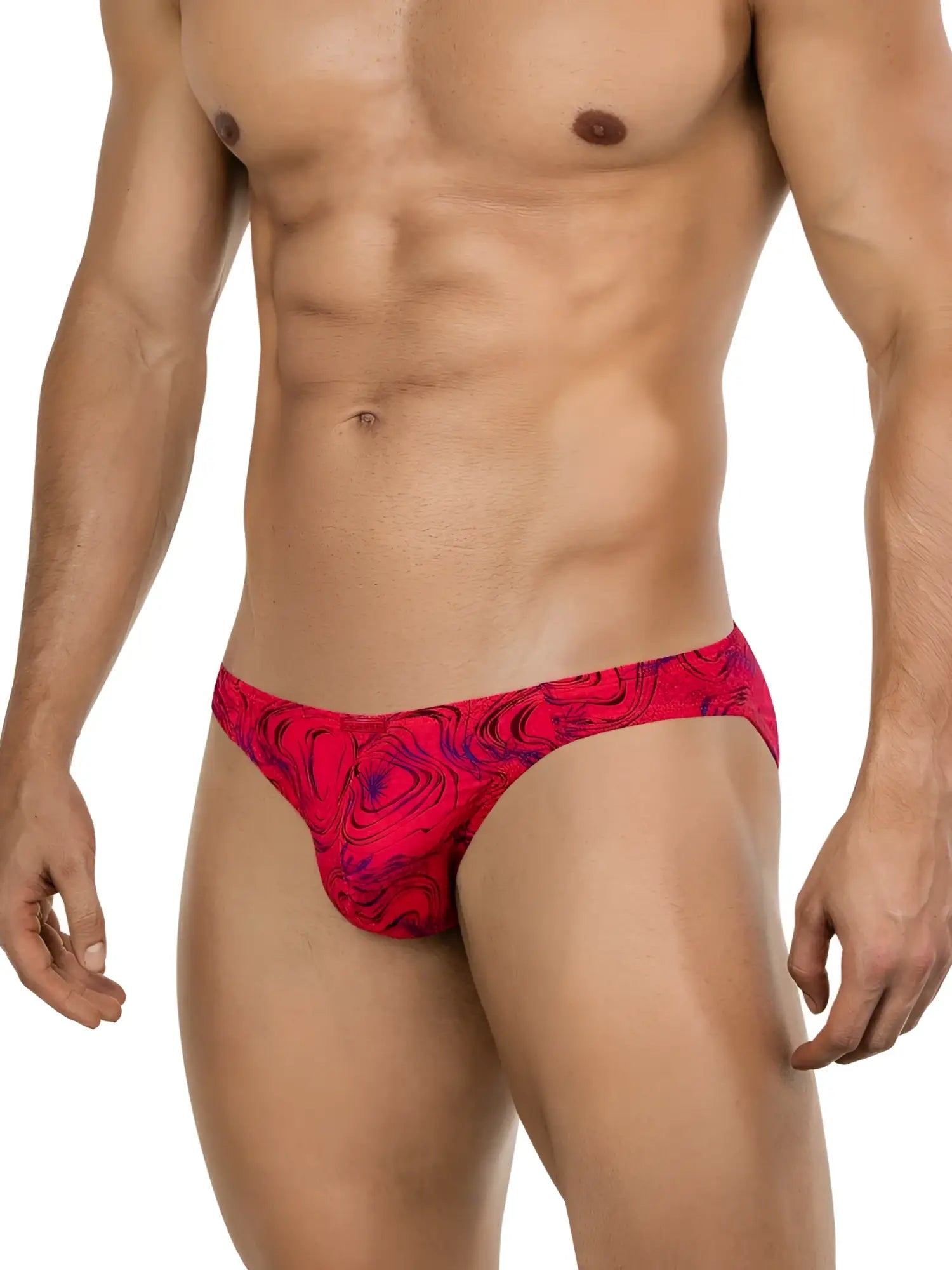 Clever 26028 Helion bikini in vibrant red with a modern dark marble-like swirl print, worn by a fit male model.