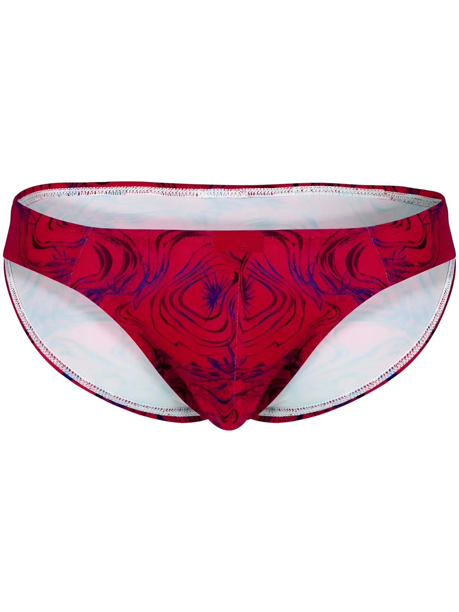 Clever 26028 Helion bikini in red with a vibrant, modern swirling abstract print in a classic low-rise brief style.