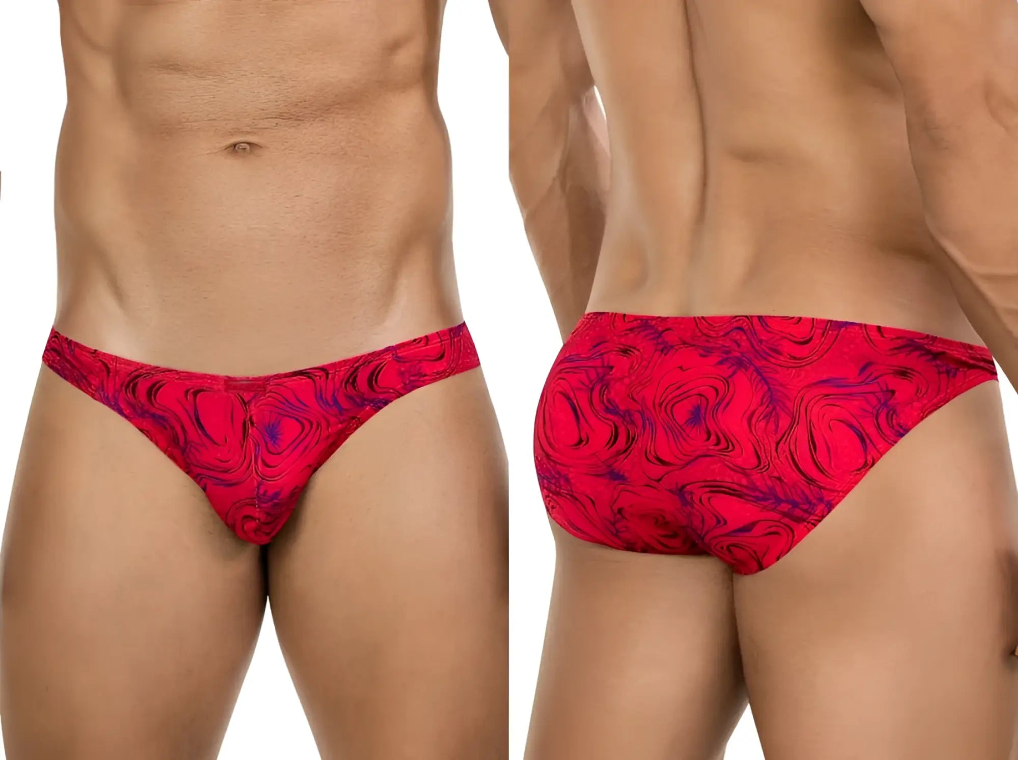 Clever 26028 Helion Bikini in red with a vibrant modern swirl print, shown from front and back on a male model.
