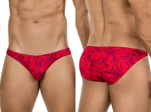 Clever 26028 Helion Bikini in red with a vibrant modern swirl print, shown from front and back on a male model.