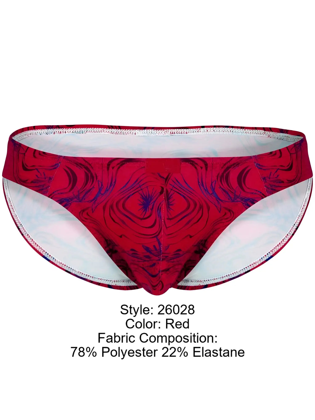 Clever 26028 Helion Bikini in a vibrant red with a modern abstract swirl print, featuring a classic low-rise style.