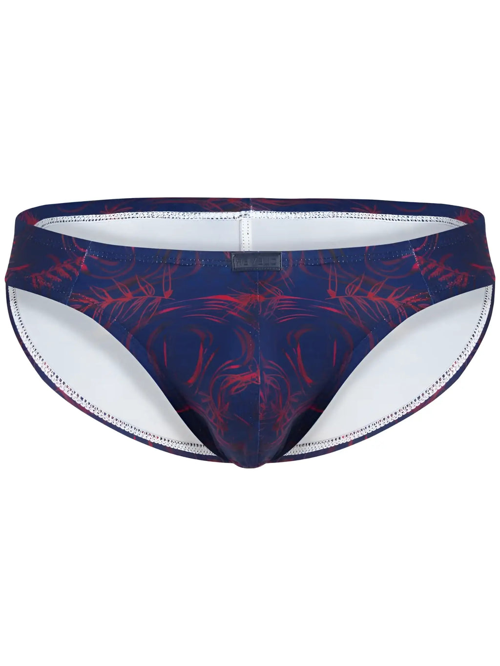 Clever 26029 Helion bikini in vibrant blue with a red leaf pattern, featuring white stitching and a center front logo.