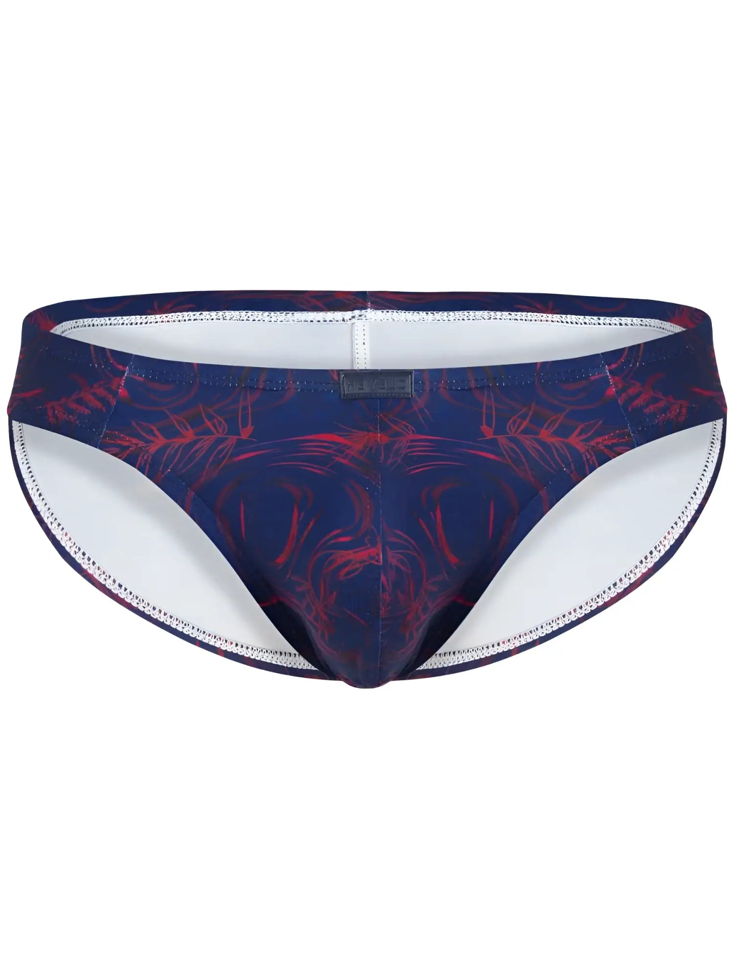 Clever 26029 Helion bikini in vibrant blue with a red leaf pattern, featuring white stitching and a center front logo.