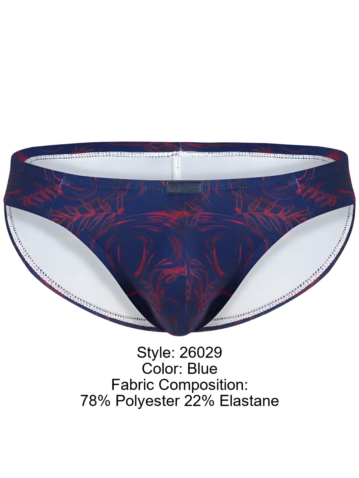 Clever 26029 Helion bikini in vibrant blue with a red leafy tropical print, featuring a white-trimmed contoured pouch.