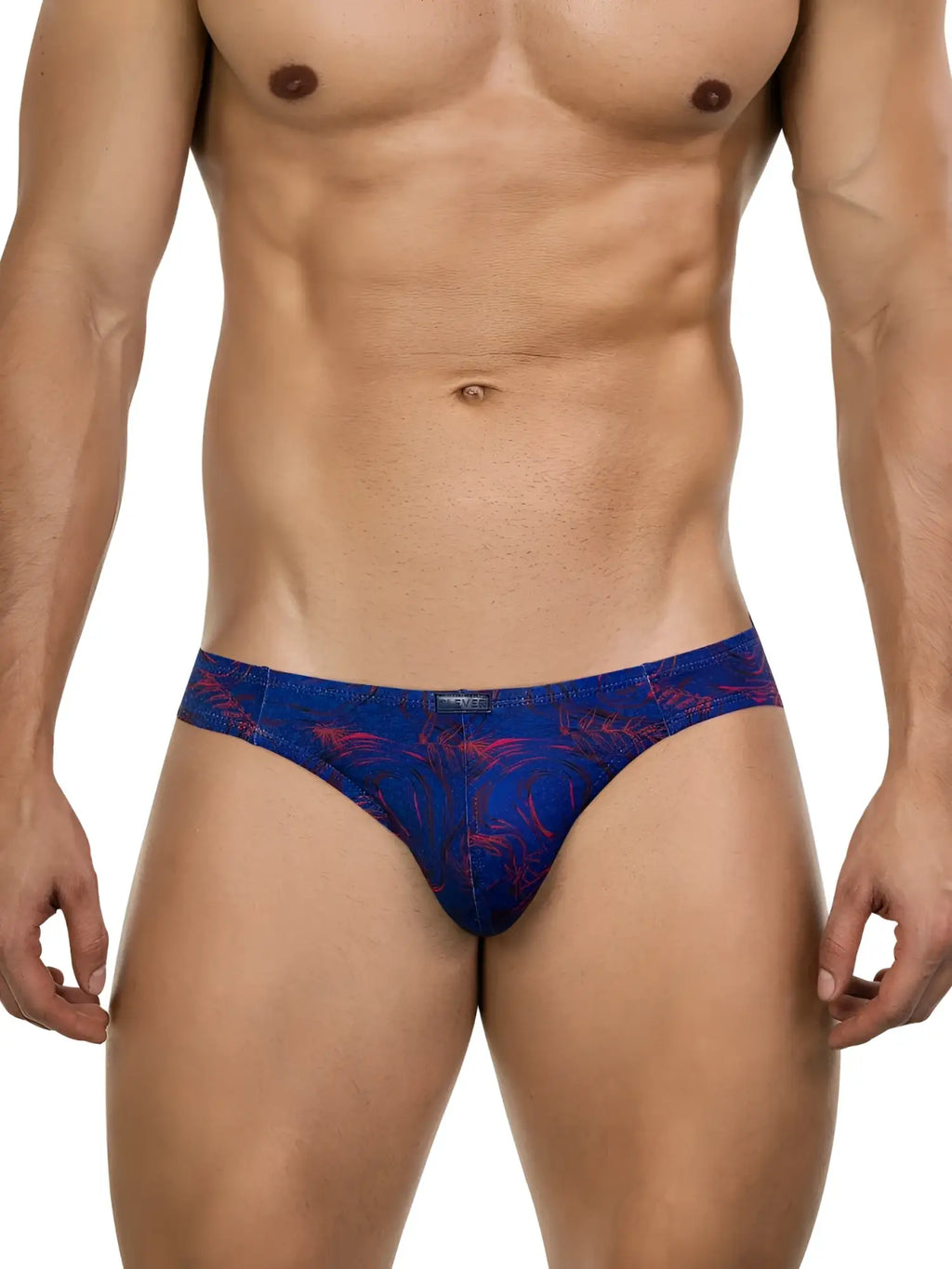 Clever 26029 Helion bikini in vibrant blue with a red leafy pattern, worn by a man against a white background.