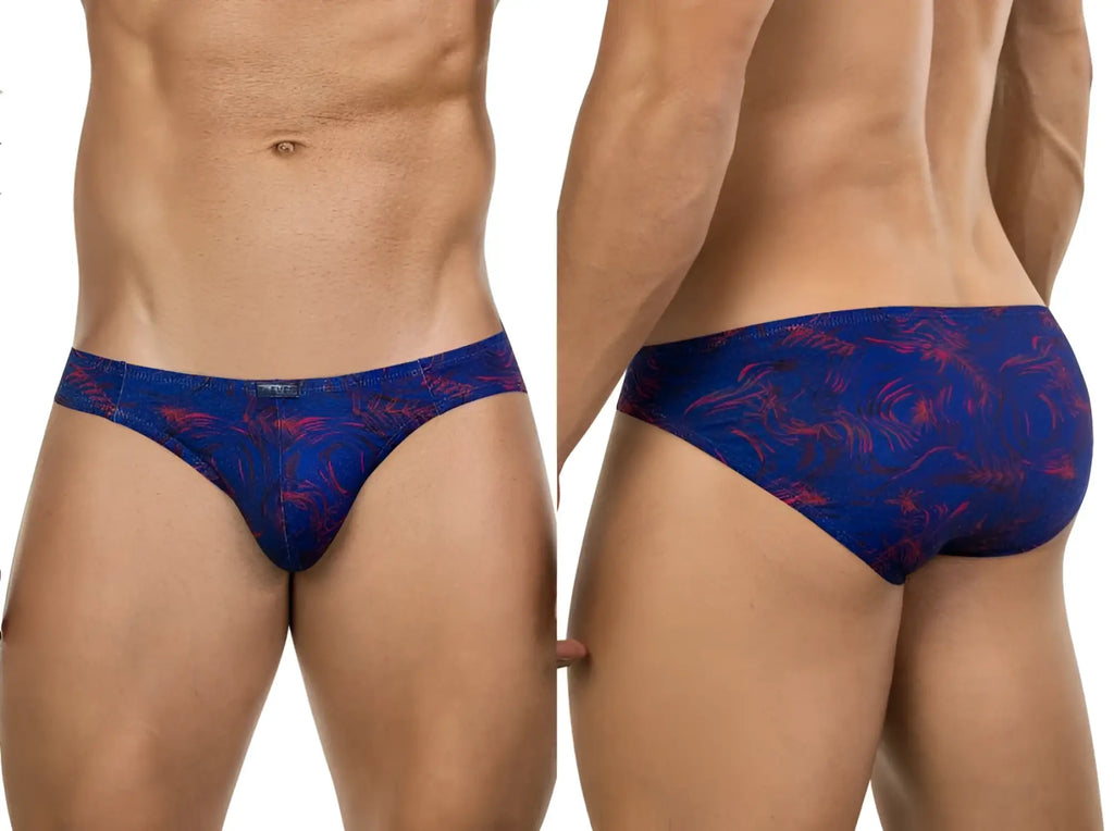 Clever 26029 Helion Bikini in vibrant blue with a red abstract pattern, shown from front and back views on a model.