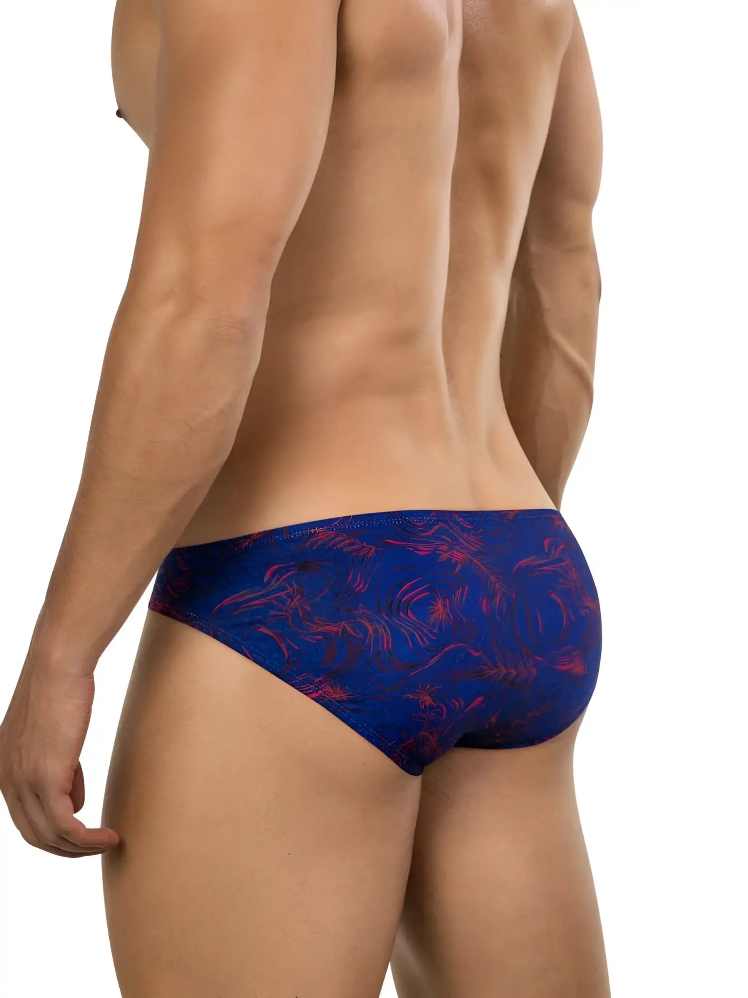 Clever 26029 Helion bikini in vibrant blue with a red abstract pattern, worn by a man, viewed from behind.